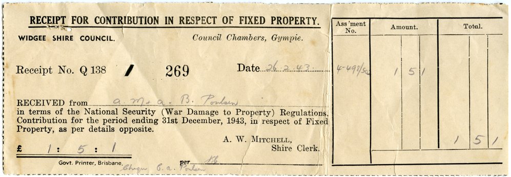 Fixed property contribution receipt, Gympie, 26 February 1943