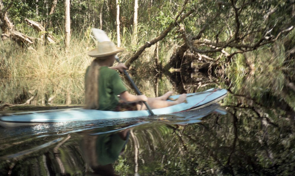 Kayaking and reflections, Noosa River, October 1981