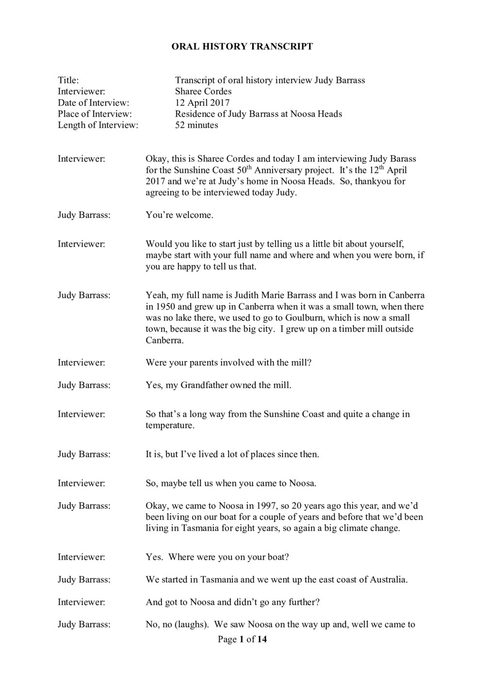 Judy Barrass Oral History - Transcript