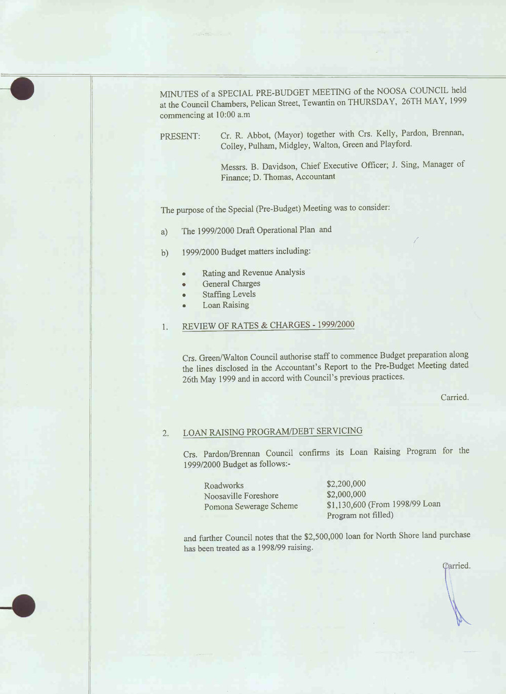 Noosa Shire Council Meeting Minutes 1999_05_26 Special Pre Budget Meeting