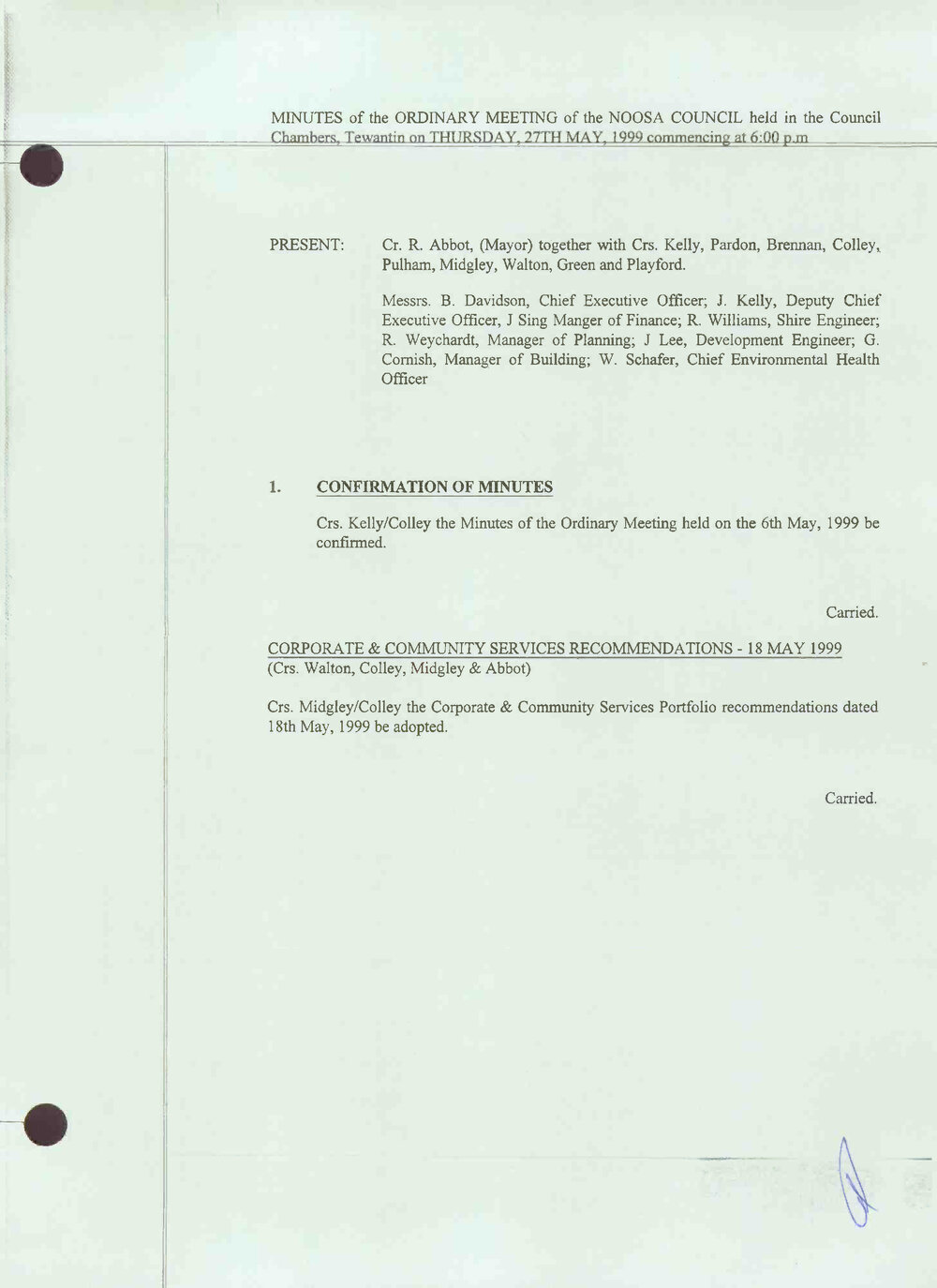 Noosa Shire Council Meeting Minutes 1999_05_27 Ordinary Meeting