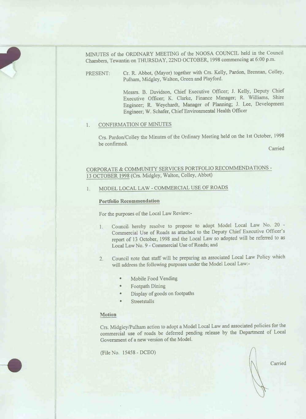 Noosa Shire Council Meeting Minutes 1998_10_22 Ordinary Meeting