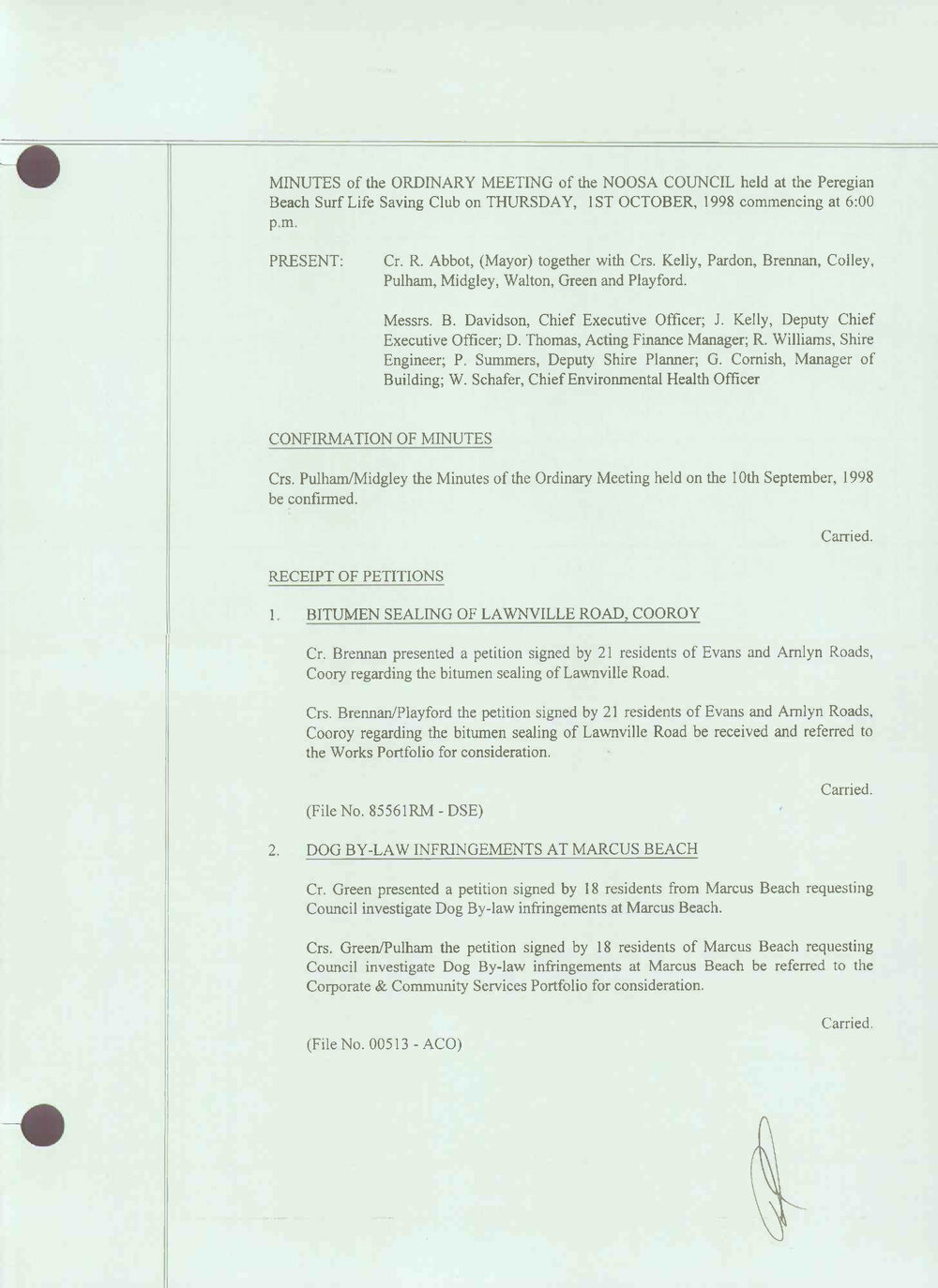 Noosa Shire Council Meeting Minutes 1998_10_01 Ordinary Meeting