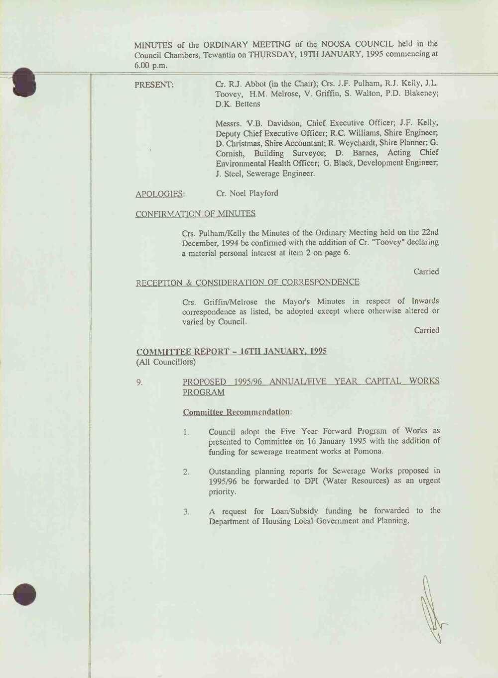 Noosa Shire Council Meeting Minutes 1995_01_19 Ordinary Meeting