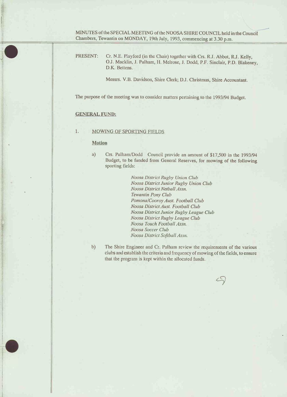 Noosa Shire Council Meeting Minutes 1993_07_19 Special Meeting