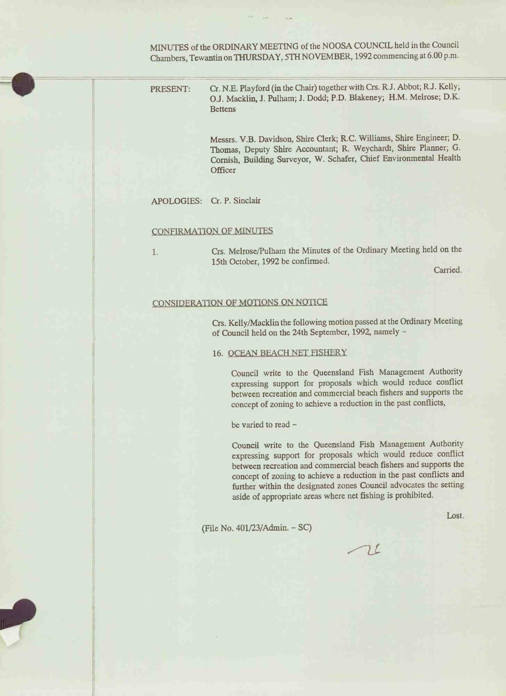 Noosa Shire Council Meeting Minutes 1992_11_05 Ordinary Meeting