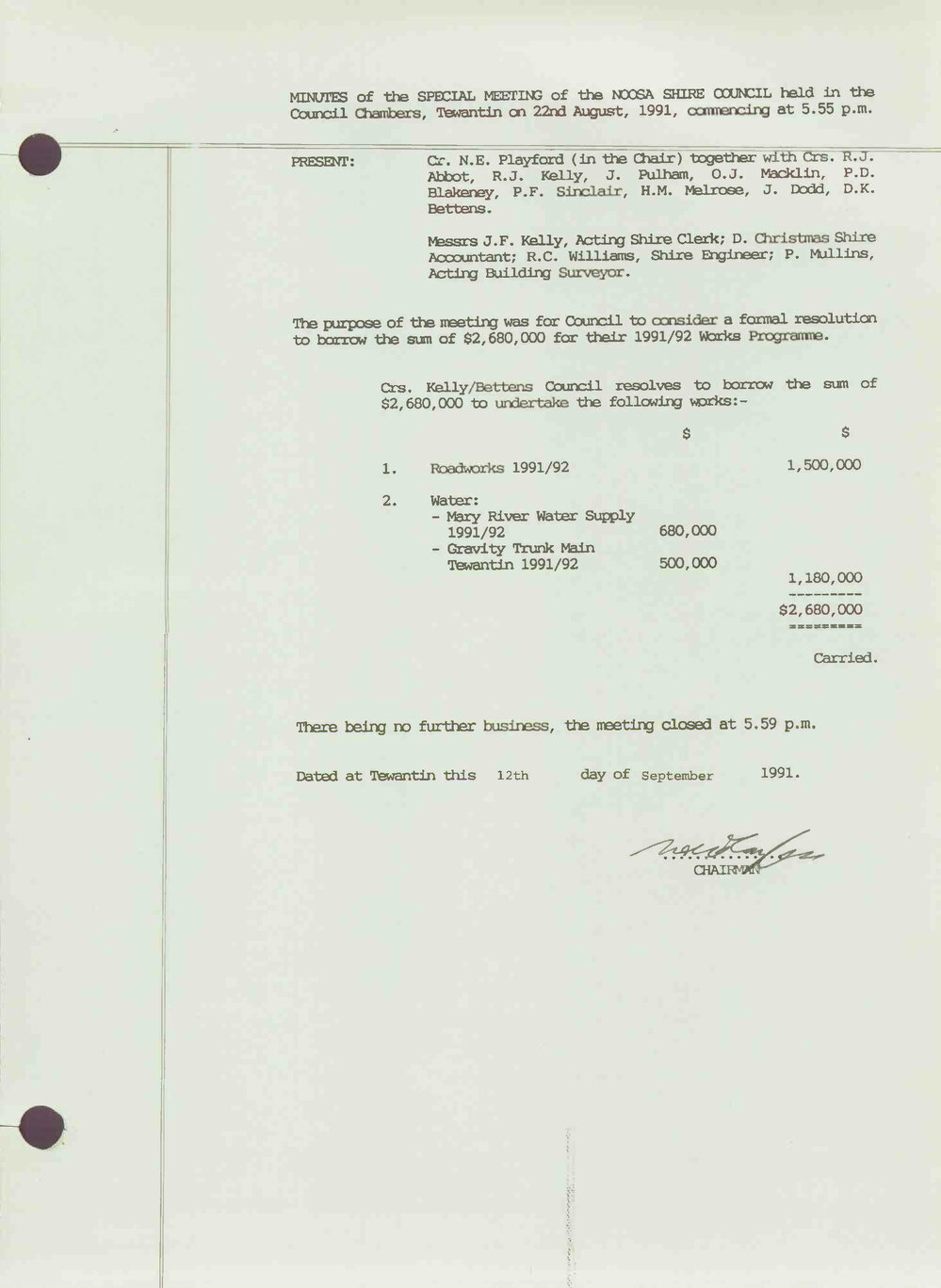 Noosa Shire Council Meeting Minutes 1991_08_22 Special Meeting