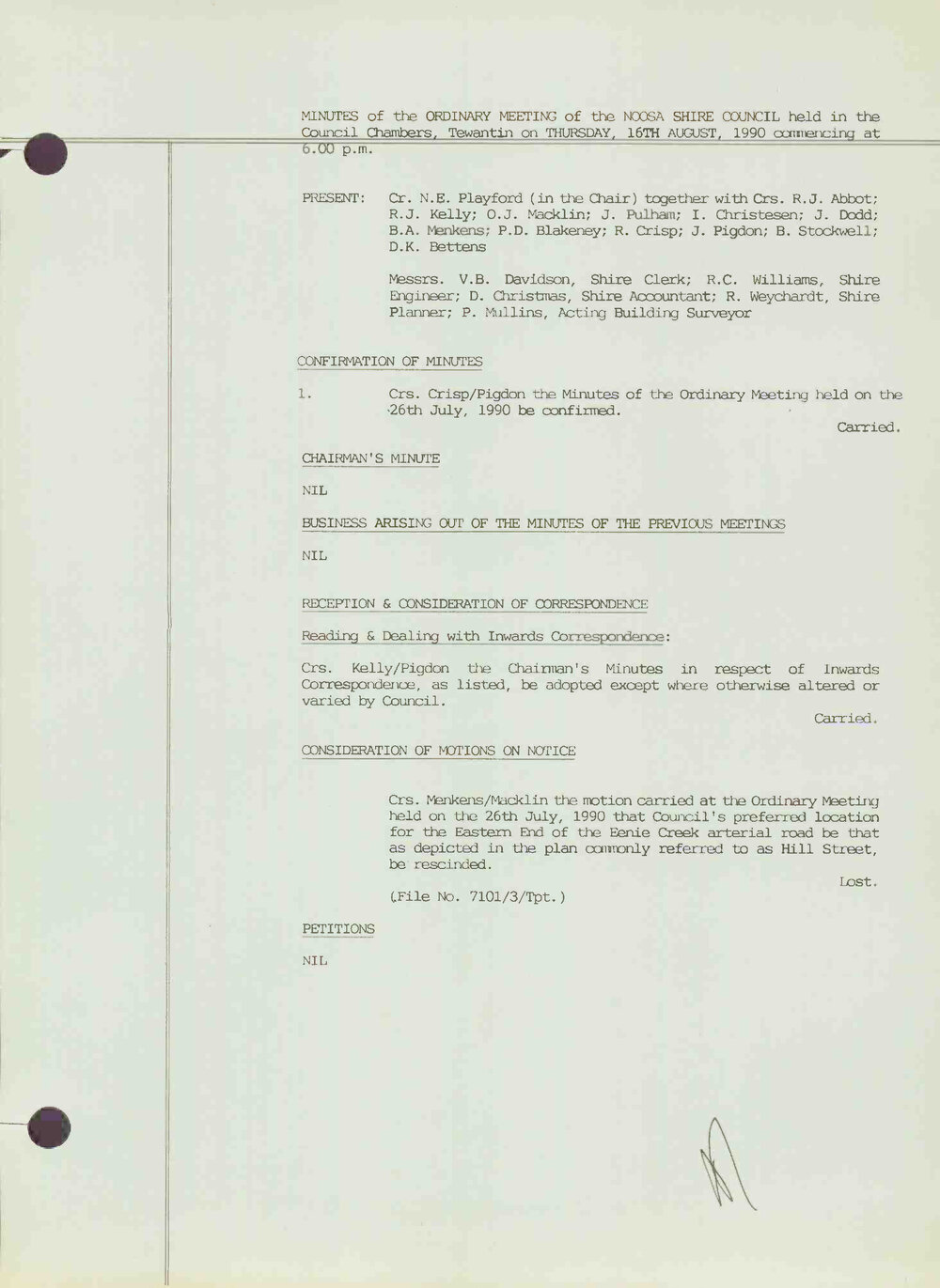Noosa Shire Council Meeting Minutes 1990_08_16 Ordinary Meeting