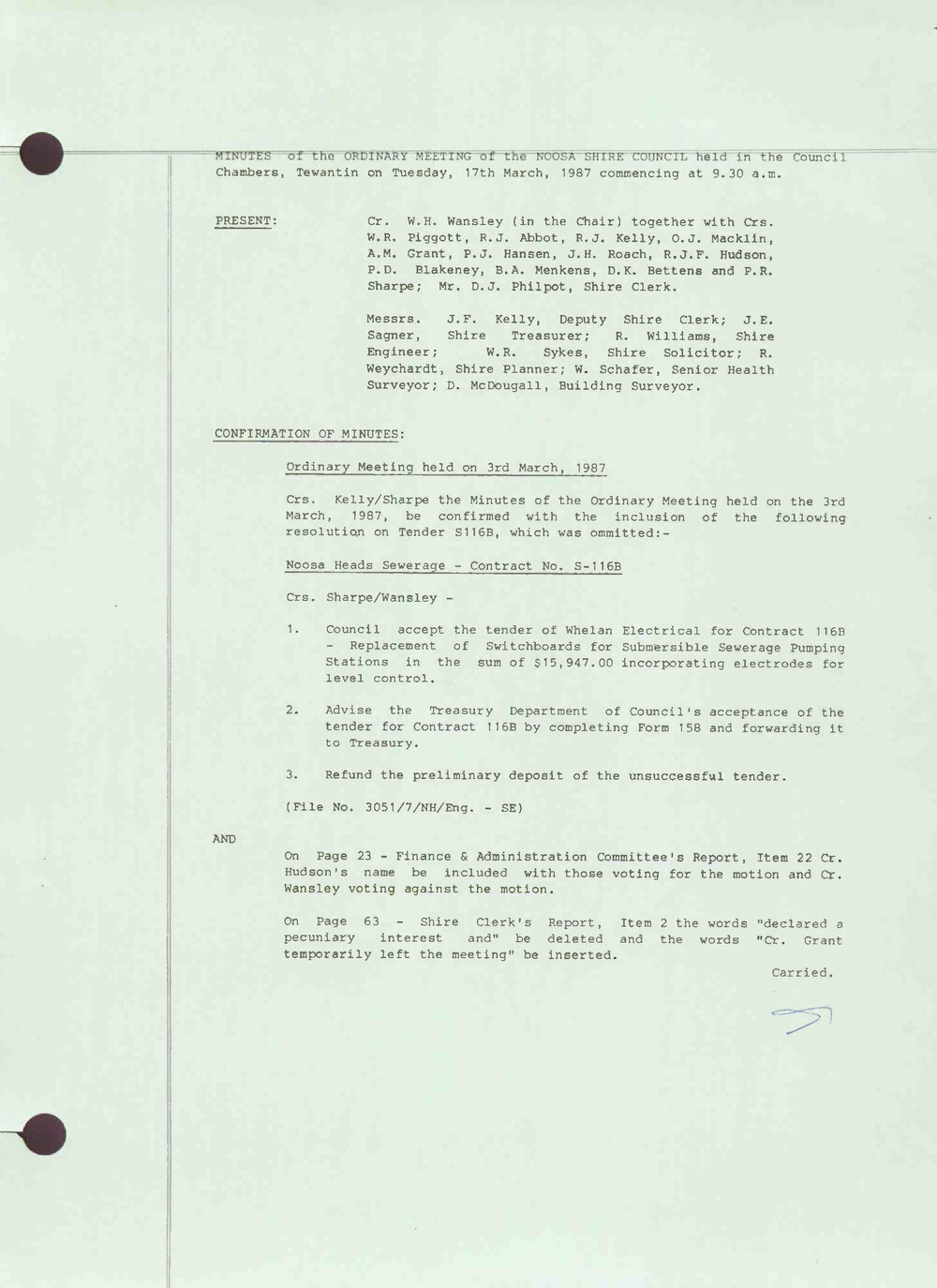 Noosa Shire Council Meeting Minutes 1987_03_17 Ordinary Meeting