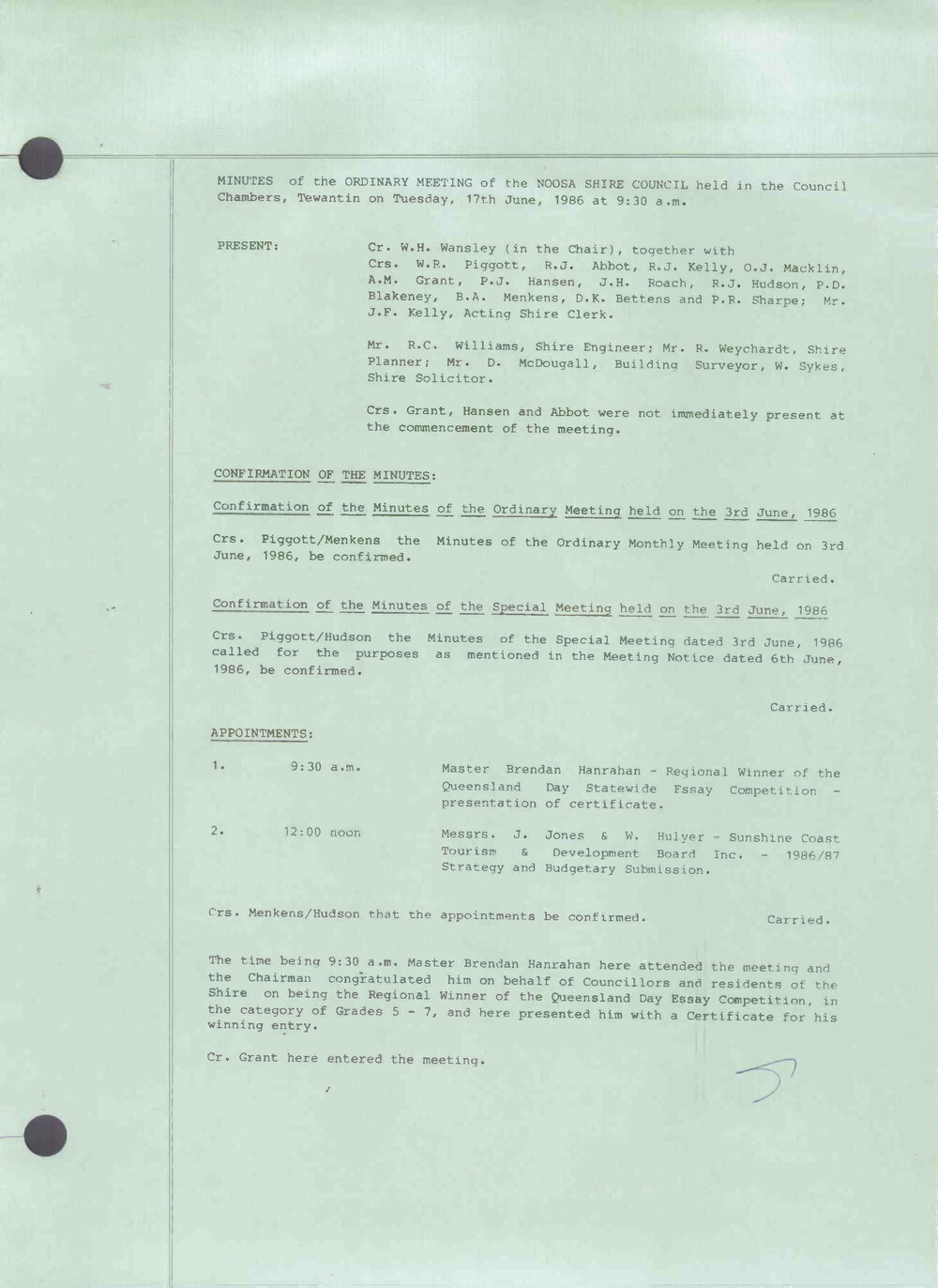 Noosa Shire Council Meeting Minutes 1986_06_17 Ordinary Meeting