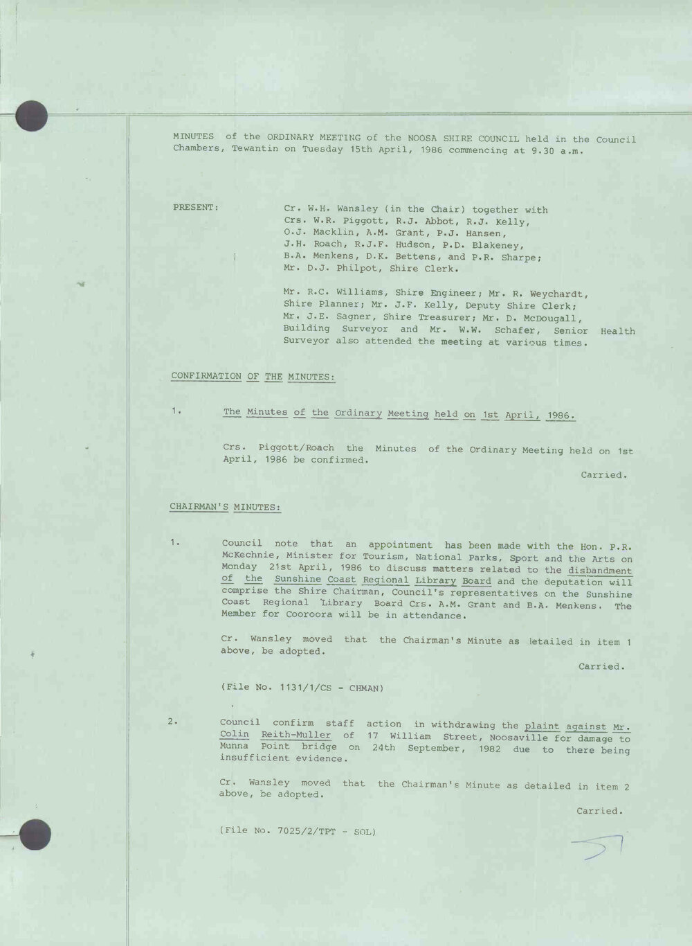 Noosa Shire Council Meeting Minutes 1986_04_15 Ordinary Meeting
