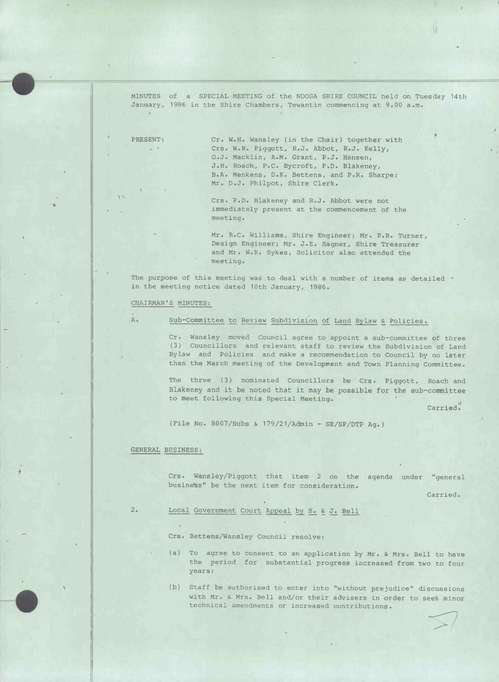Noosa Shire Council Meeting Minutes 1986_01_14 Special Meeting