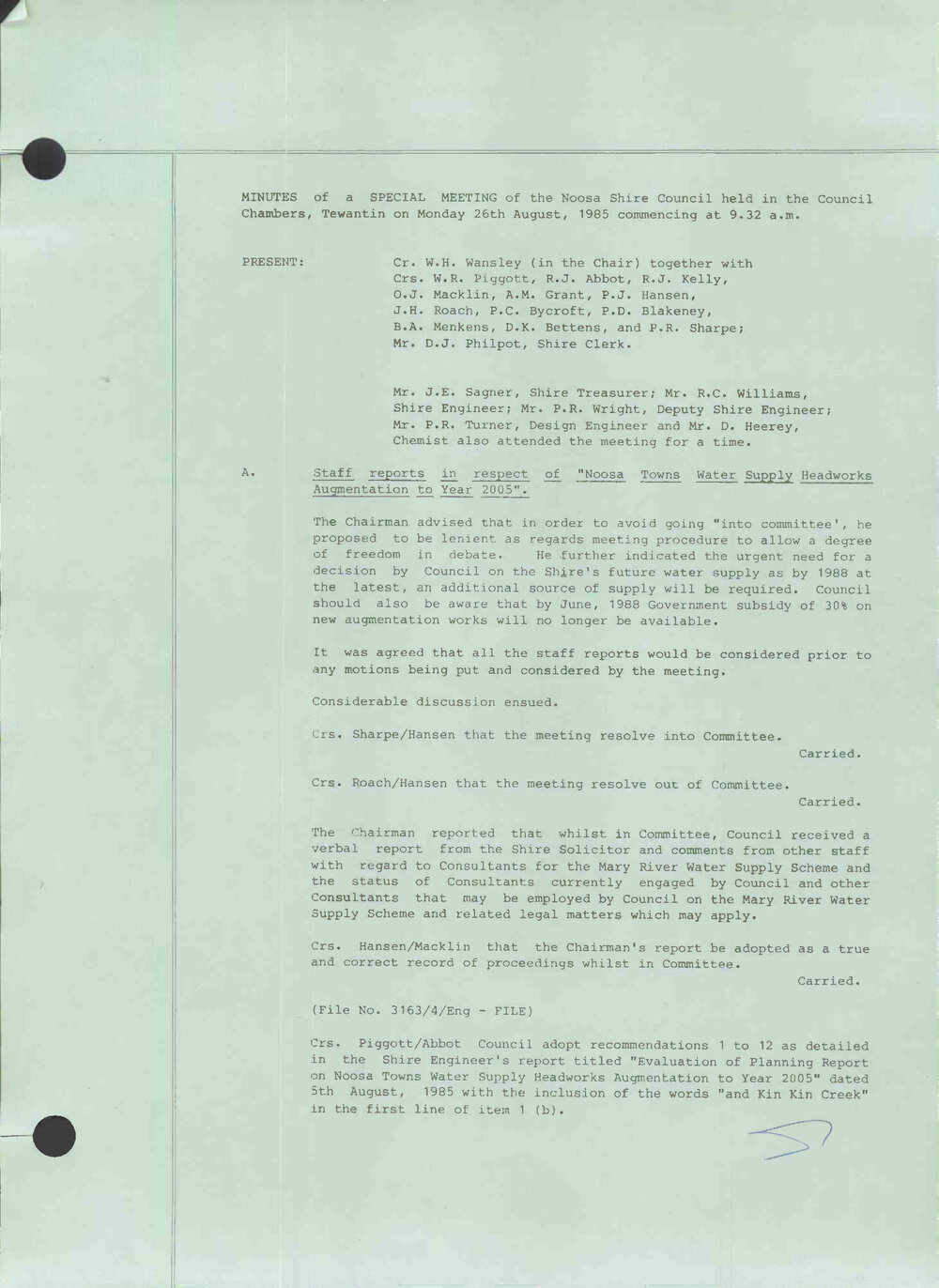 Noosa Shire Council Meeting Minutes 1985_08_26 Special Meeting 1