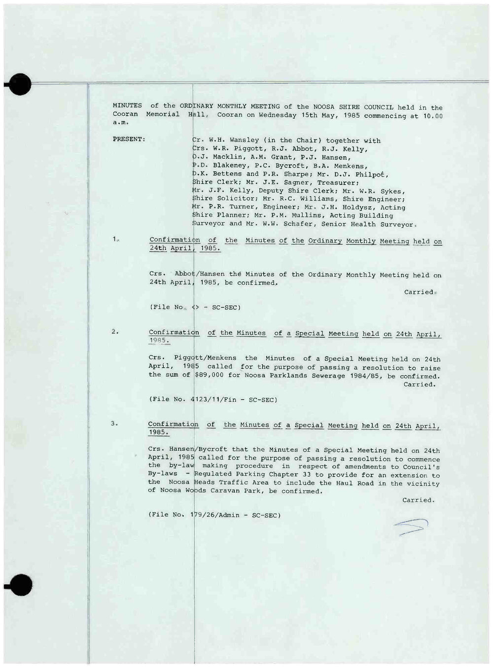 Noosa Shire Council Meeting Minutes 1985_05_15 Ordinary Meeting