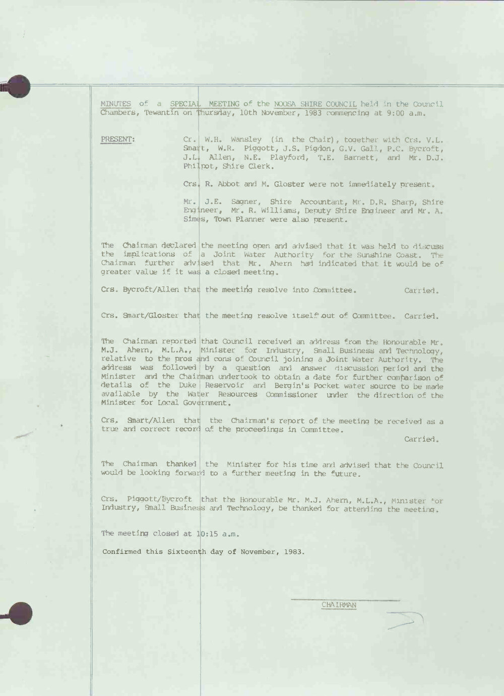 Noosa Shire Council Meeting Minutes 1983_11_10 Special Meeting