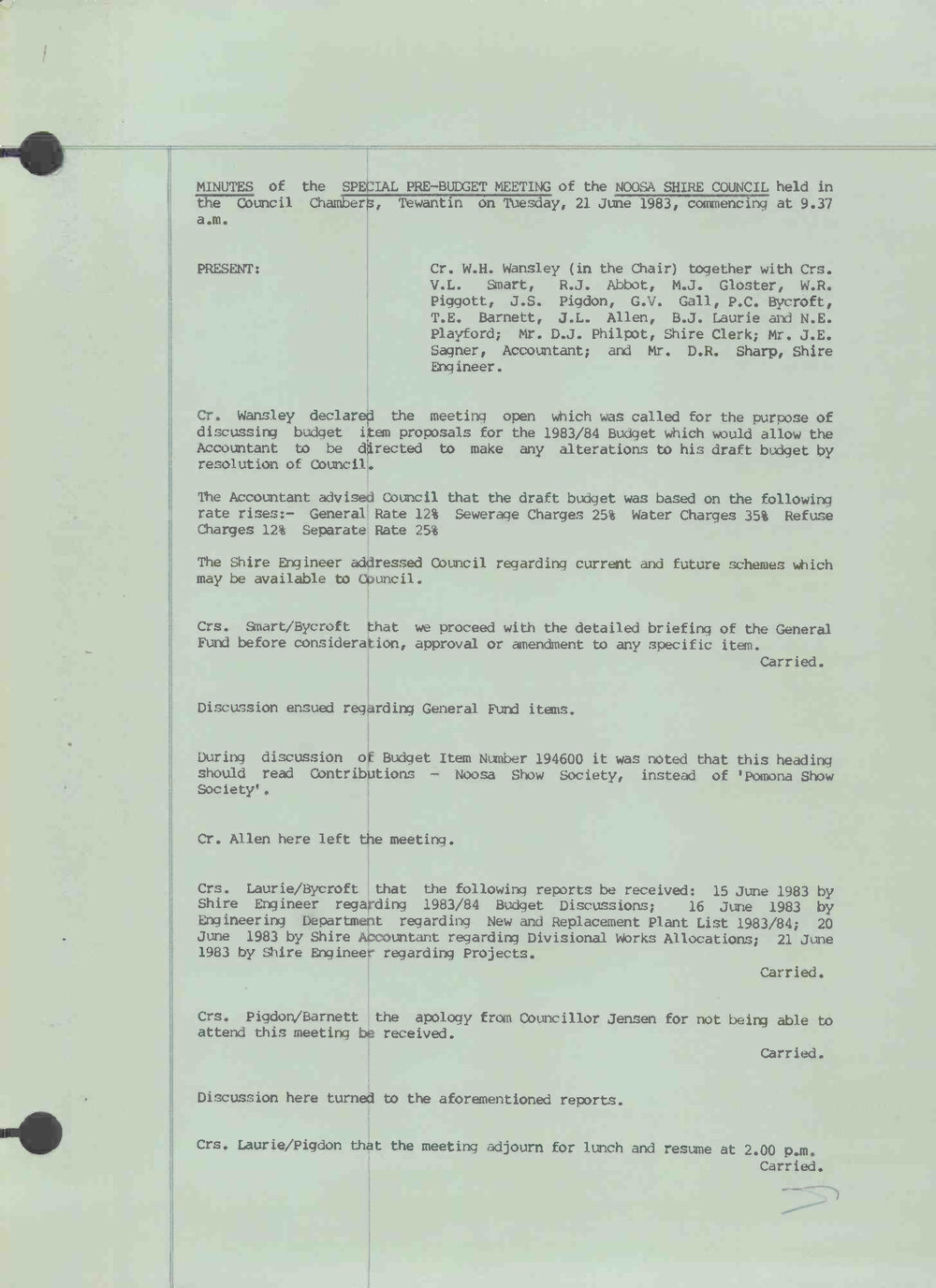 Noosa Shire Council Meeting Minutes 1983_06_21 Special Pre-Budget Meeting