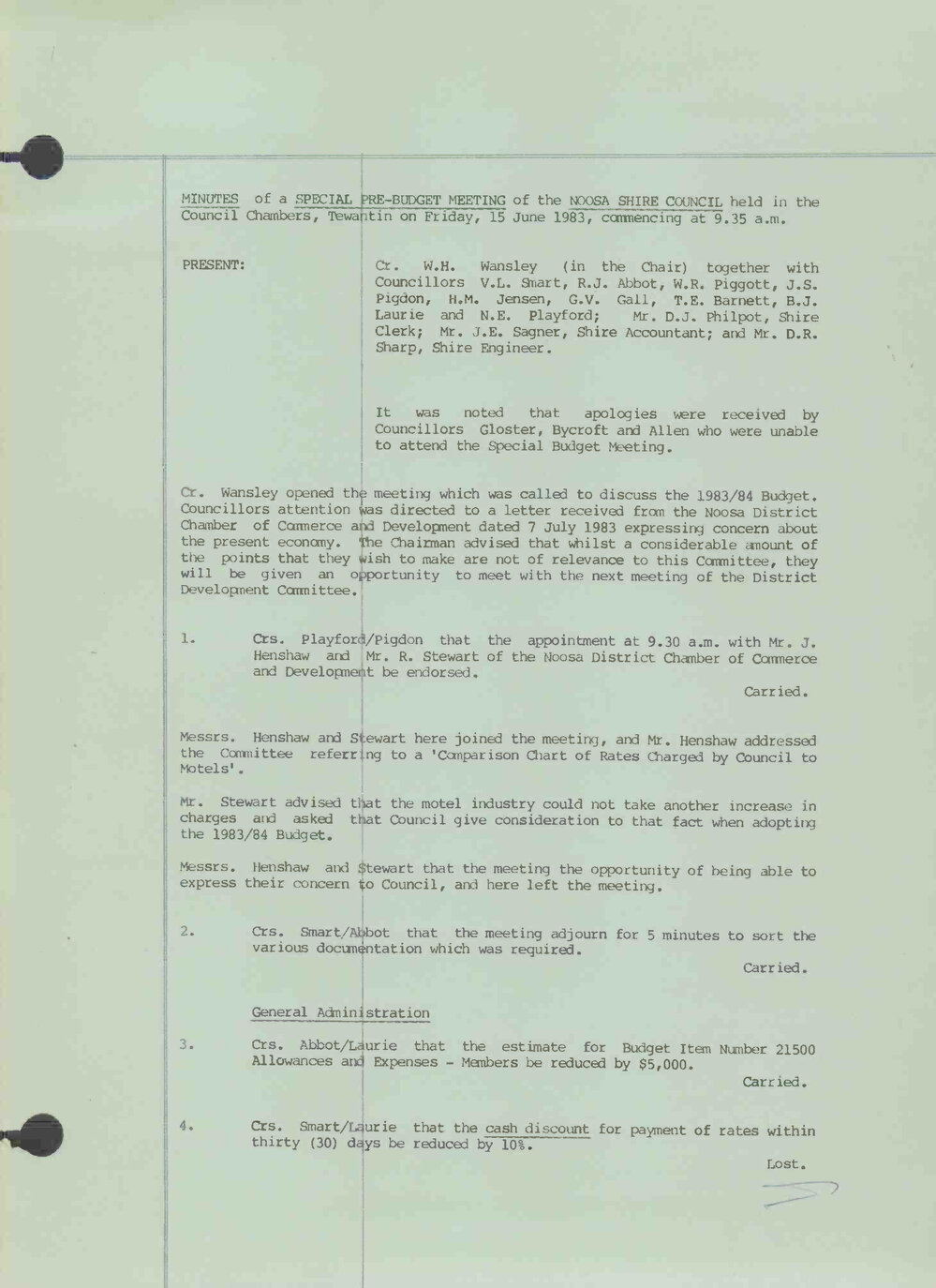 Noosa Shire Council Meeting Minutes 1983_06_15 Special Pre-Budget Meeting