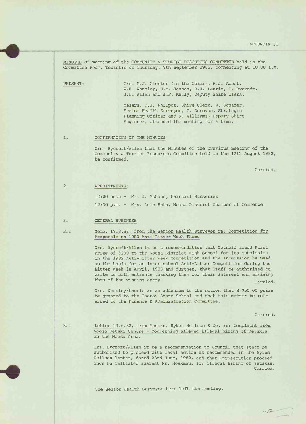 Noosa Shire Council Meeting Minutes 1982_09_09 Community and Tourist Resources Committee Meeting
