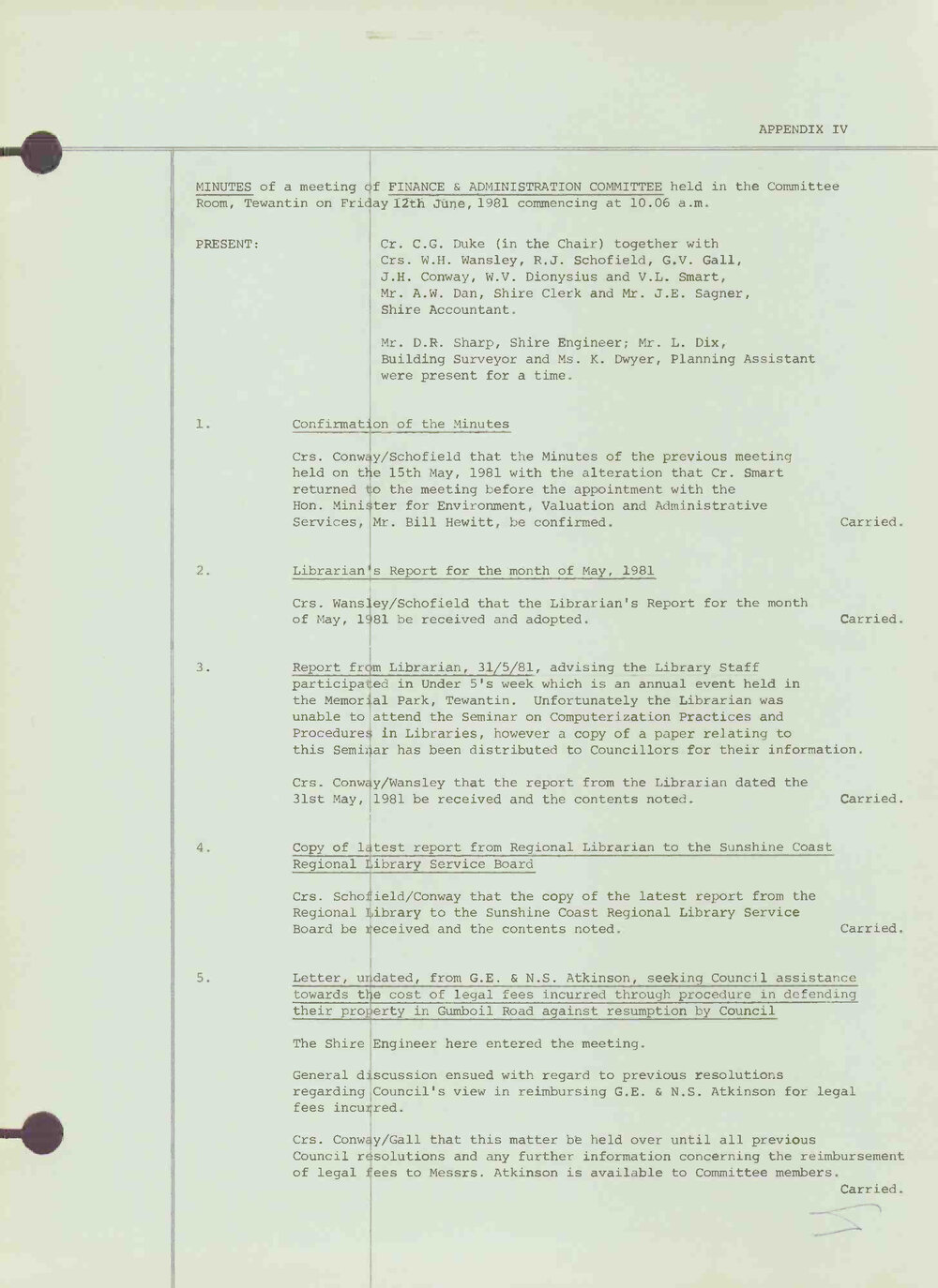 Noosa Shire Council Meeting Minutes 1981_06_12 Finance and Administration Committee Meeting