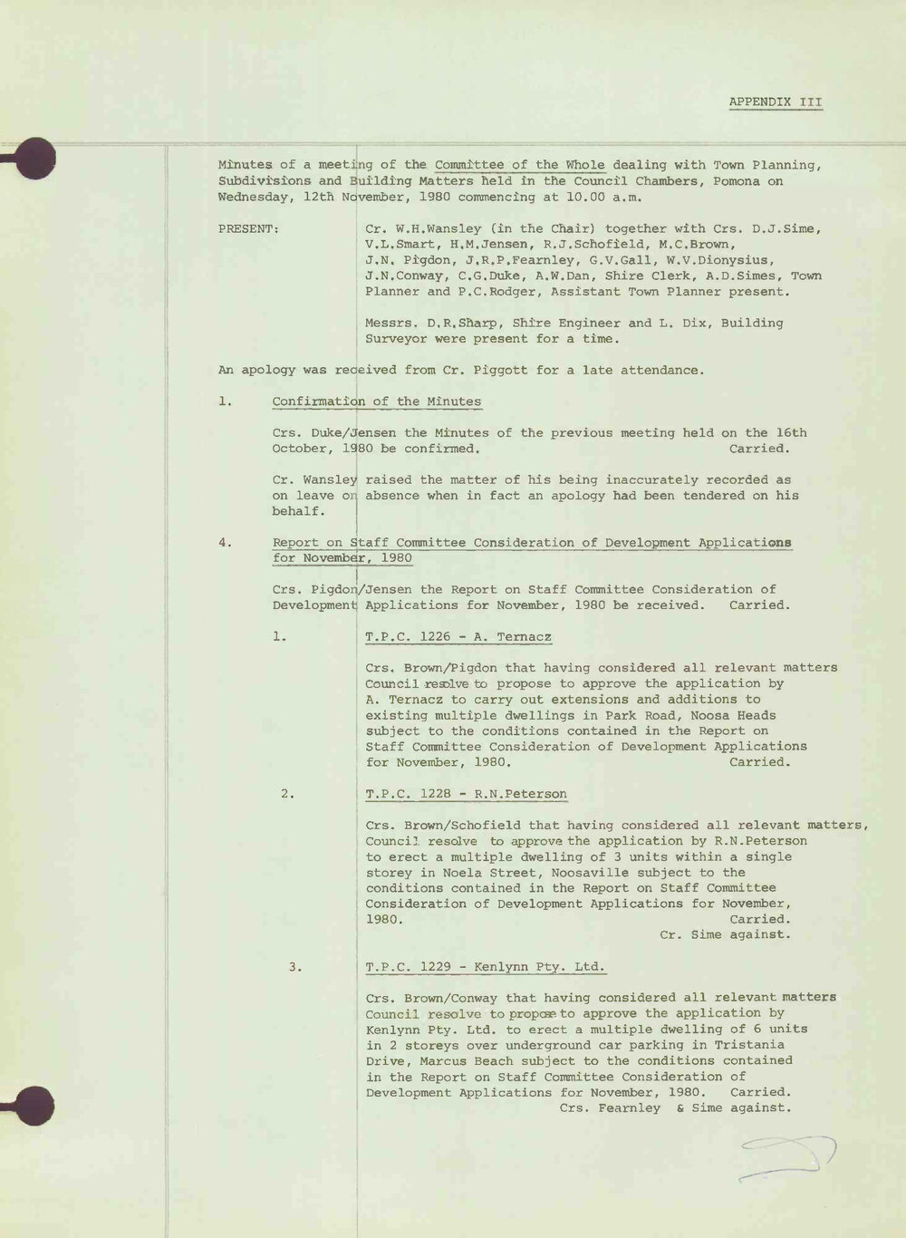 Noosa Shire Council Meeting Minutes 1980_11_12 Committee of the Whole Meeting