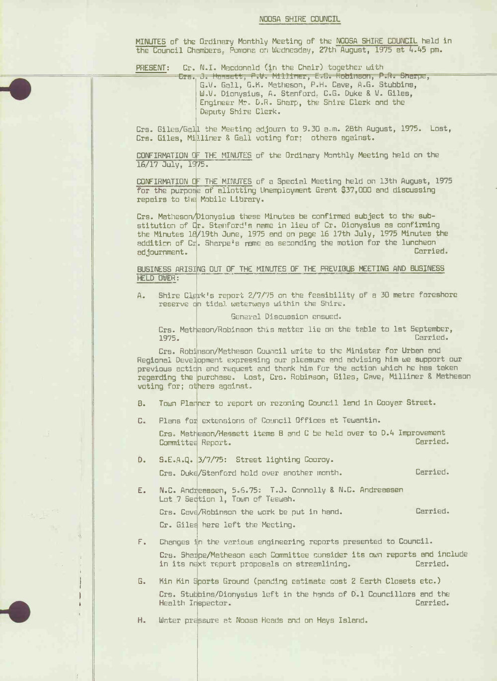 Noosa Shire Council Meeting Minutes 1975_08_27 Ordinary Meeting