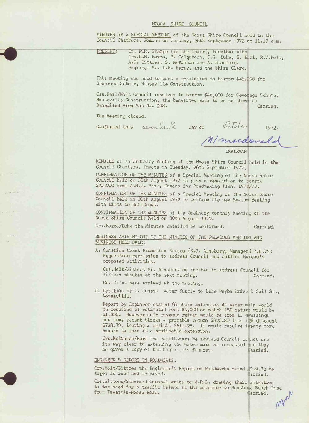 Noosa Shire Council Meeting Minutes 1972_09_26 Special Meeting