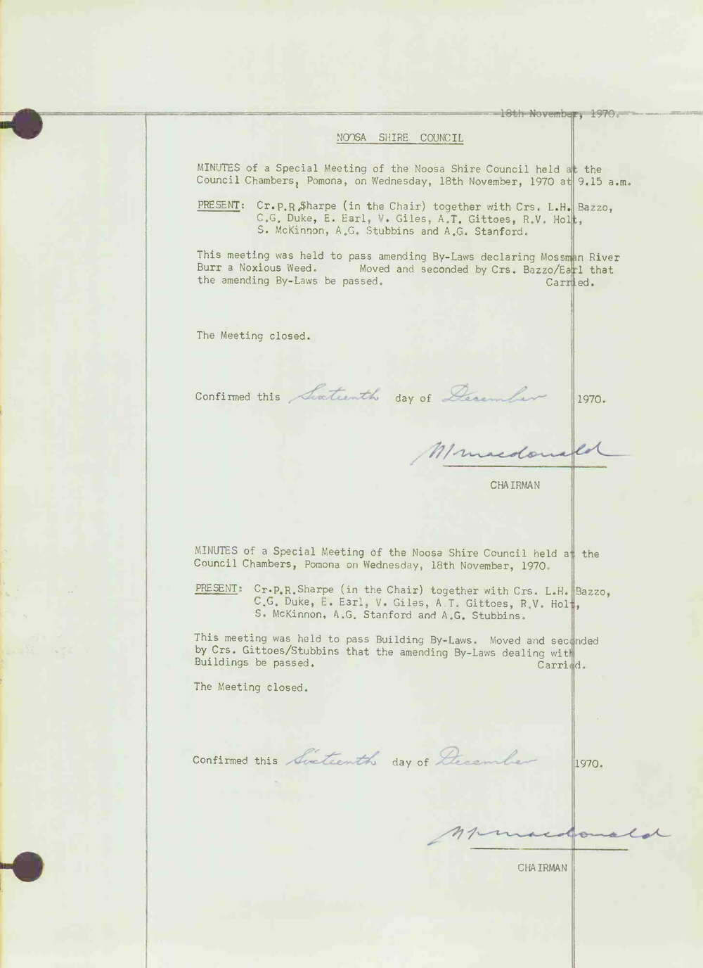 Noosa Shire Council Meeting Minutes 1970_11_18 Special Meeting 2