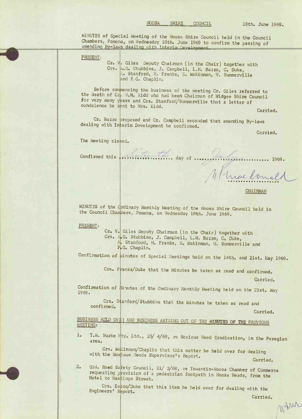 Noosa Shire Council Meeting Minutes 1969_06_18 Special Meeting