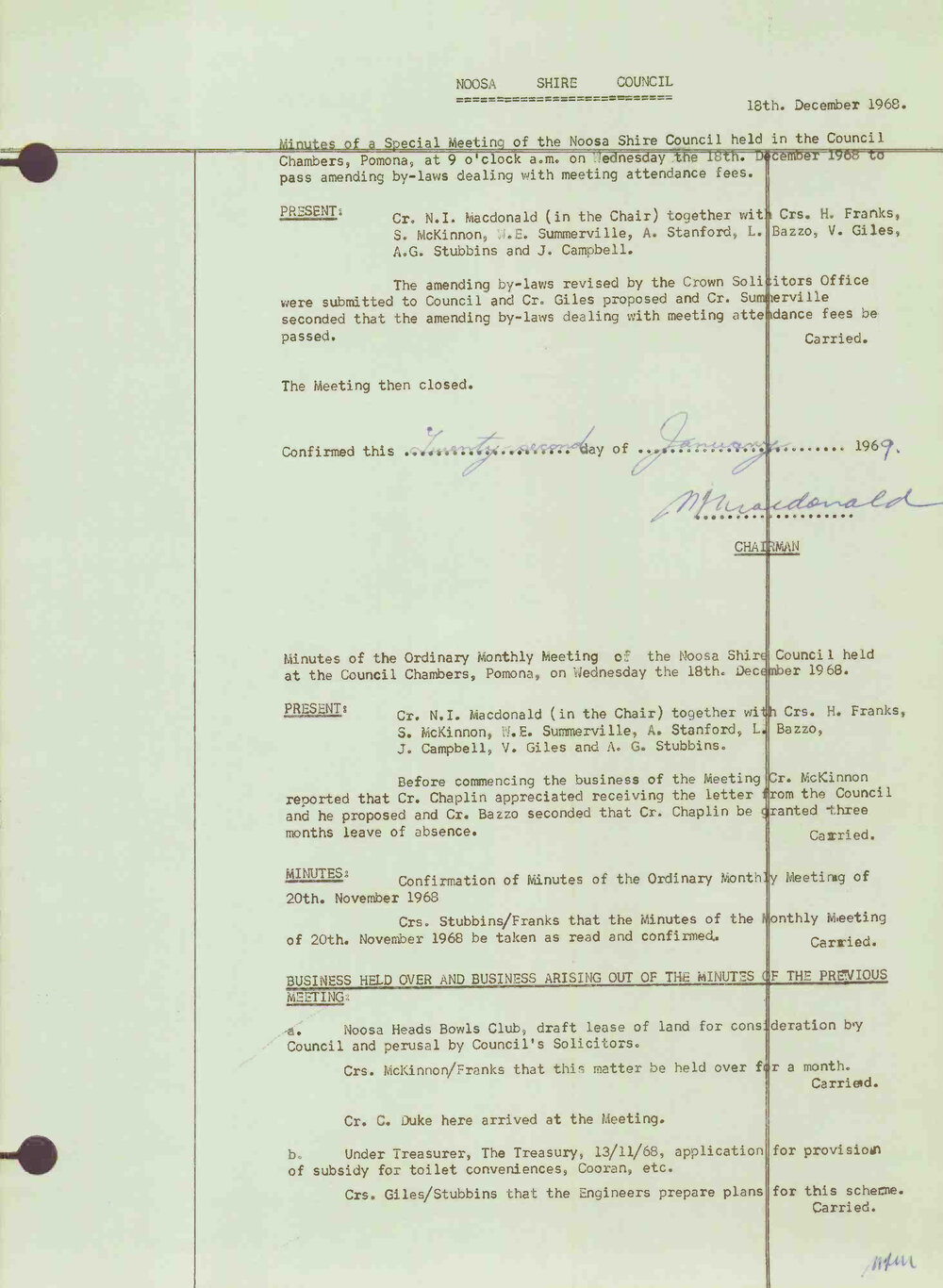Noosa Shire Council Meeting Minutes 1968_12_18 Special Meeting