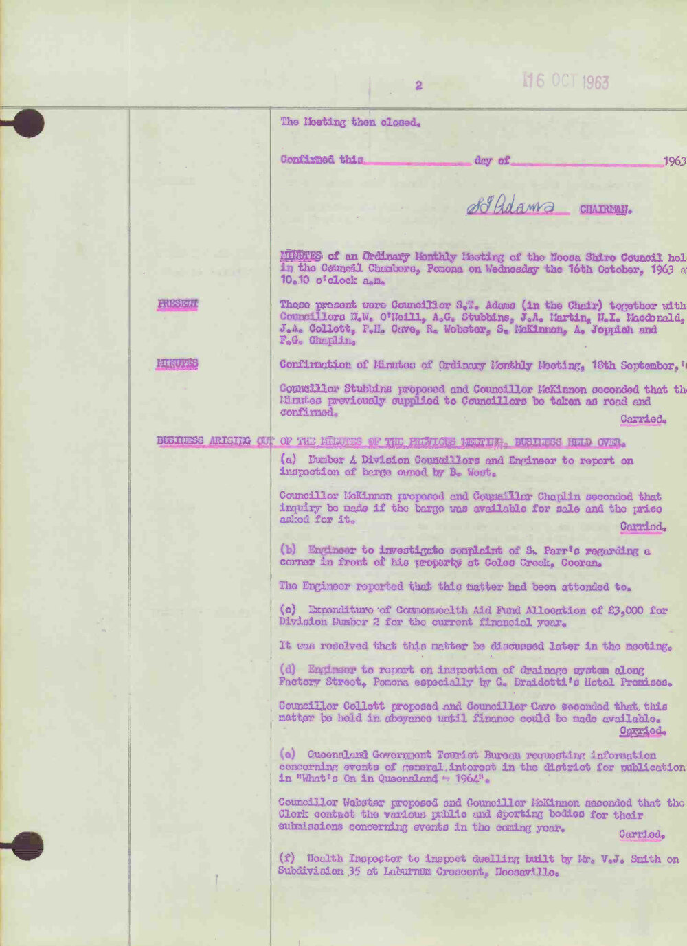 Noosa Shire Council Meeting Minutes 1963_10_16 Ordinary Meeting