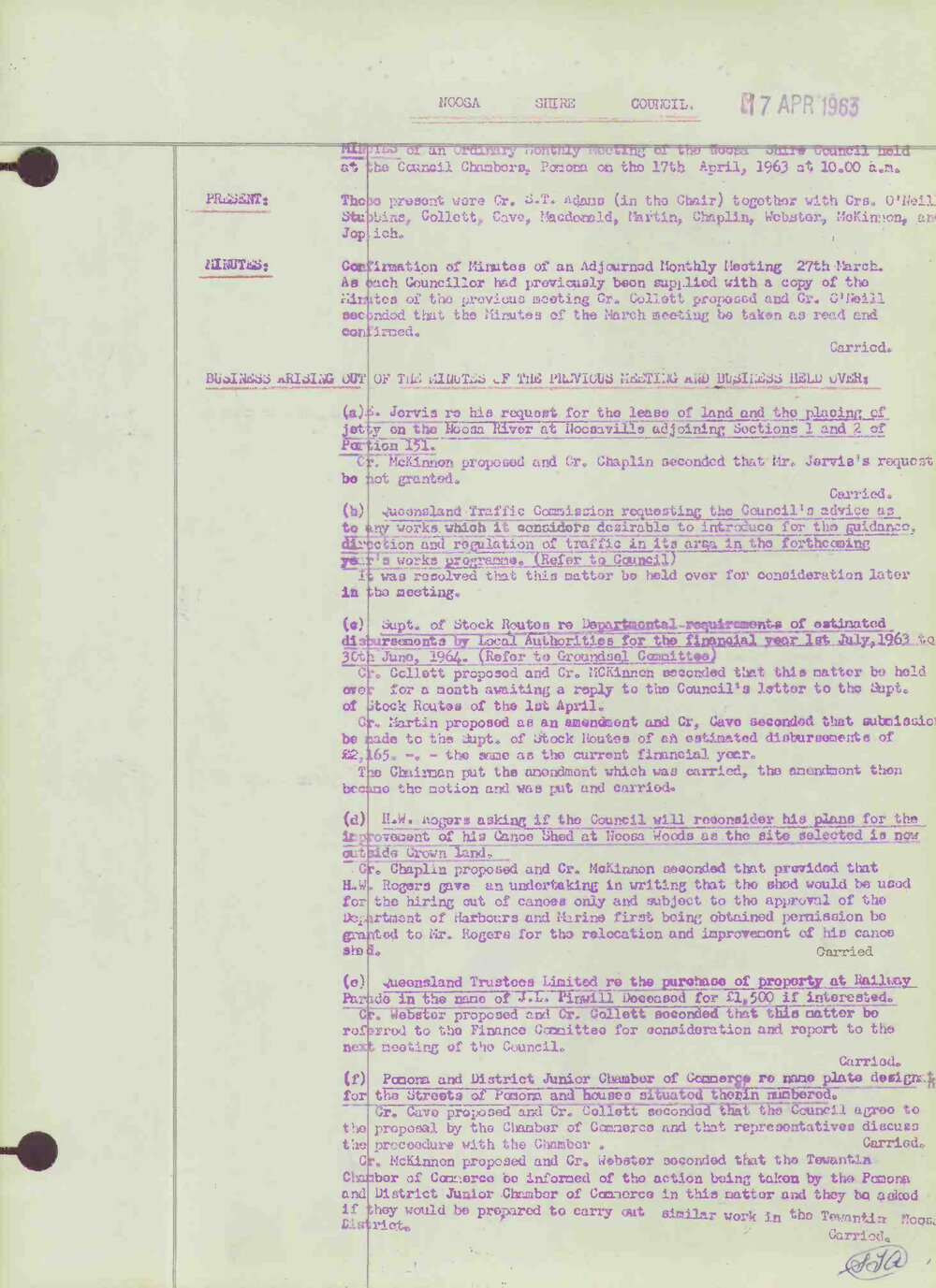 Noosa Shire Council Meeting Minutes 1963_04_17 Ordinary Meeting