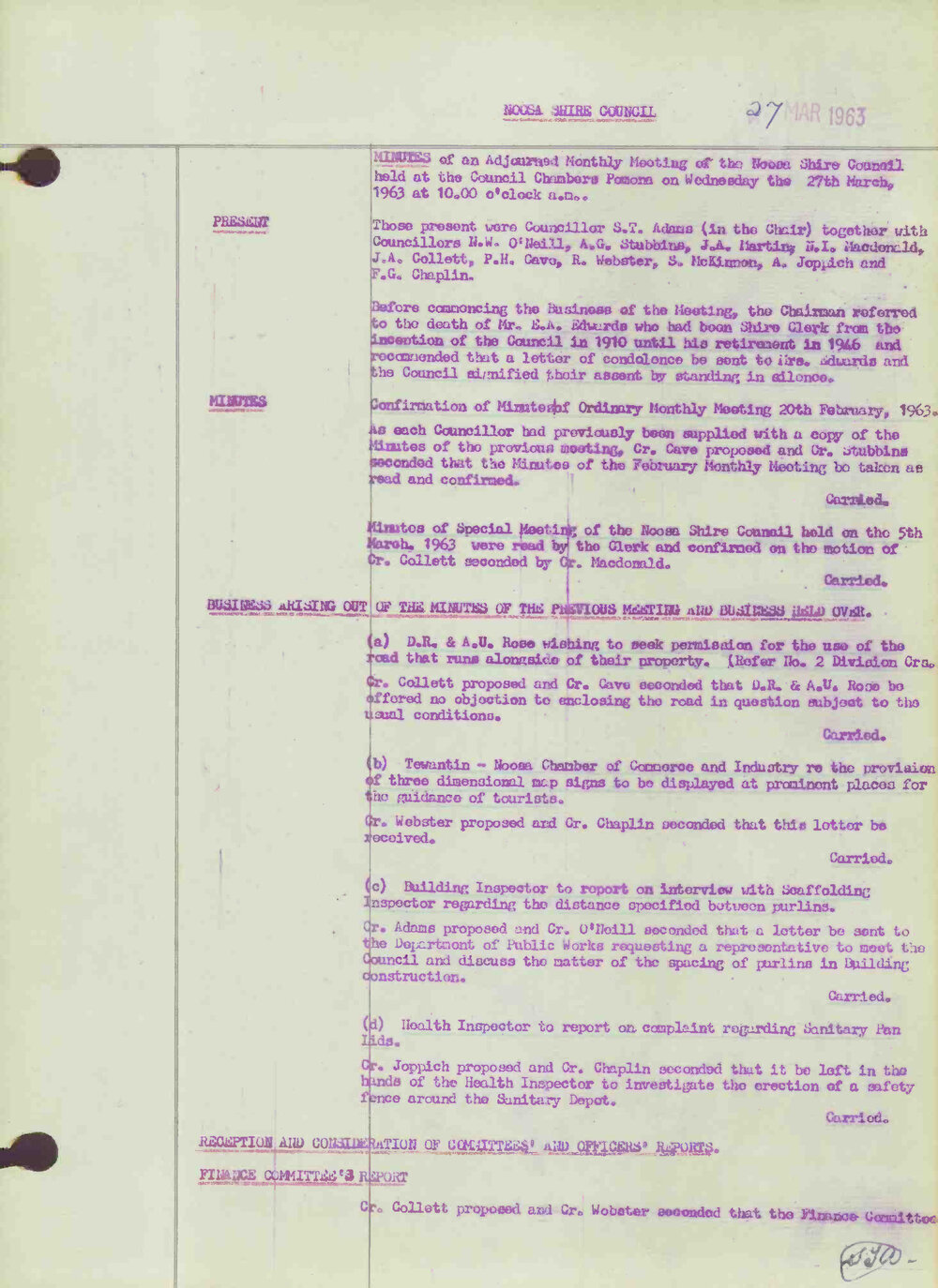 Noosa Shire Council Meeting Minutes 1963_03_27 Ordinary Meeting