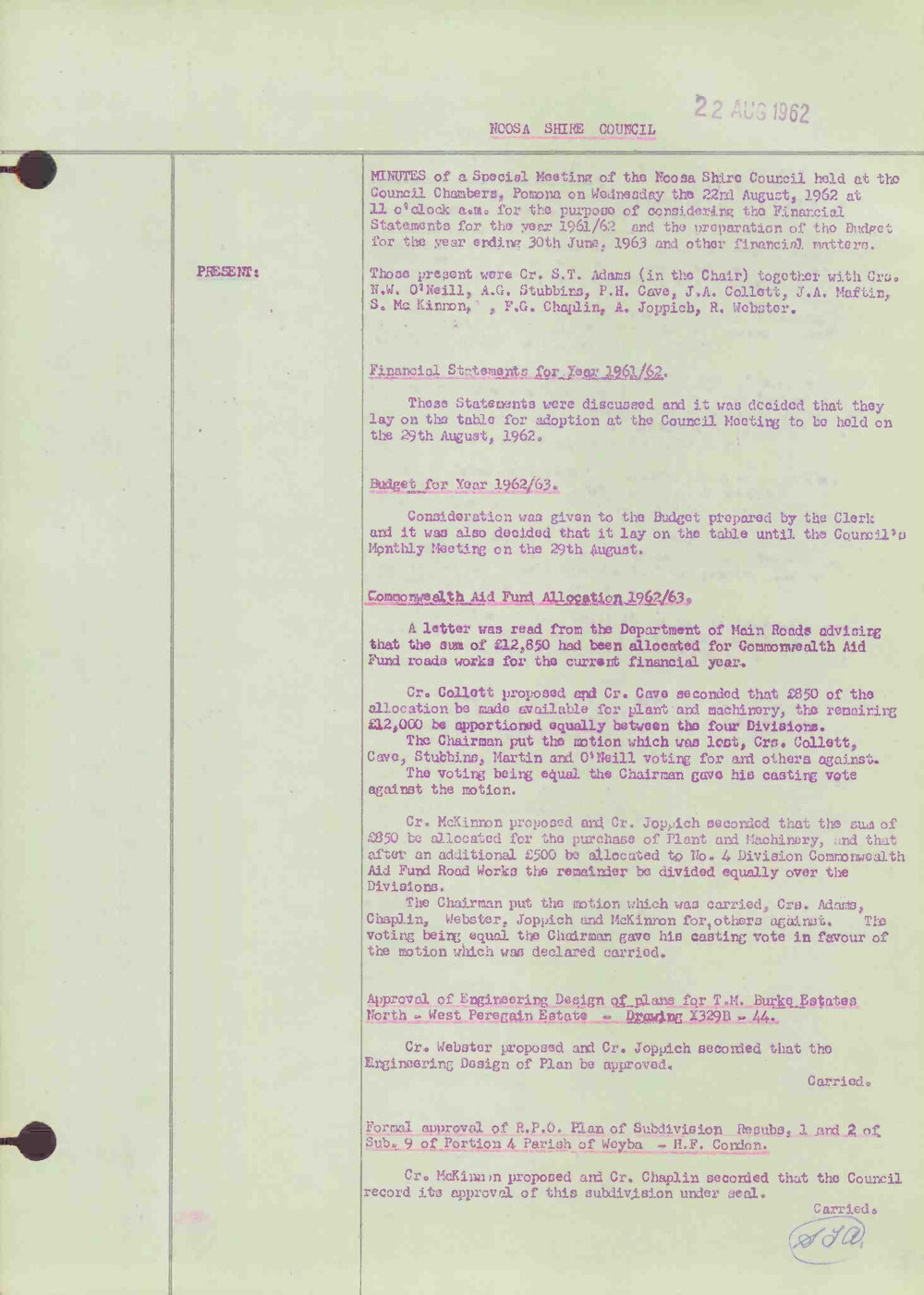Noosa Shire Council Meeting Minutes 1962_08_22 Special Meeting