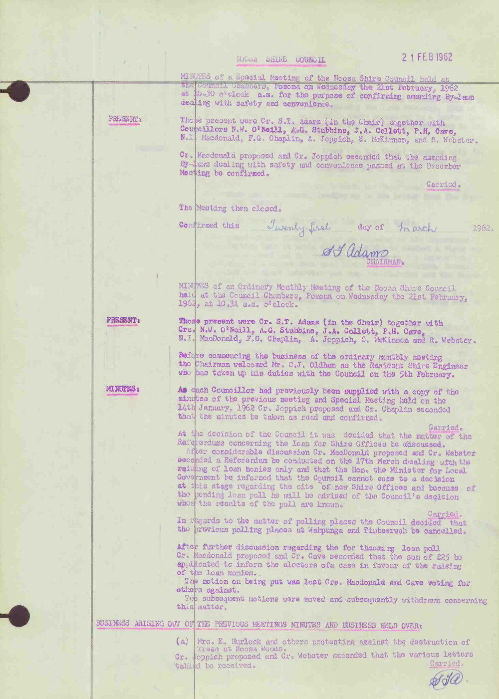 Noosa Shire Council Meeting Minutes 1962_02_21 Special Meeting