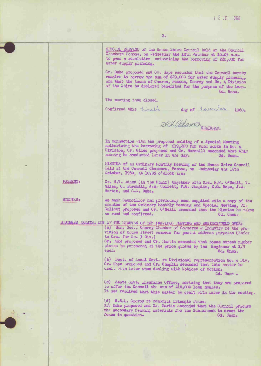 Noosa Shire Council Meeting Minutes 1960_10_12 Ordinary Meeting