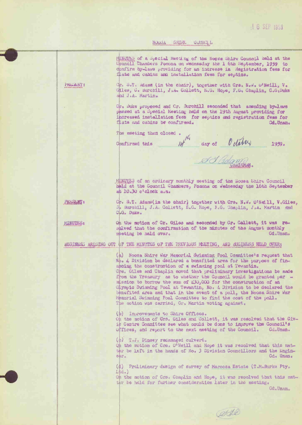 Noosa Shire Council Meeting Minutes 1959_09_16 Ordinary Meeting