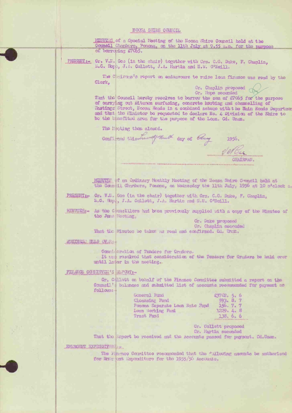 Noosa Shire Council Meeting Minutes 1956_07_11 Special Meeting