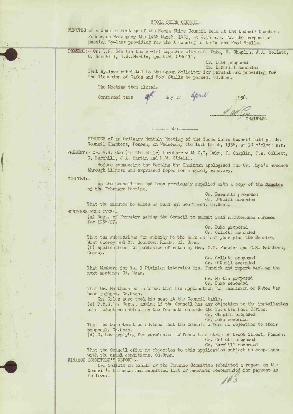 Noosa Shire Council Meeting Minutes 1956_03_14 Ordinary Meeting