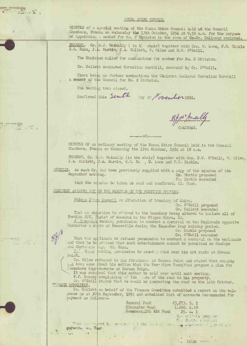 Noosa Shire Council Meeting Minutes 1954_10_13 Special Meeting