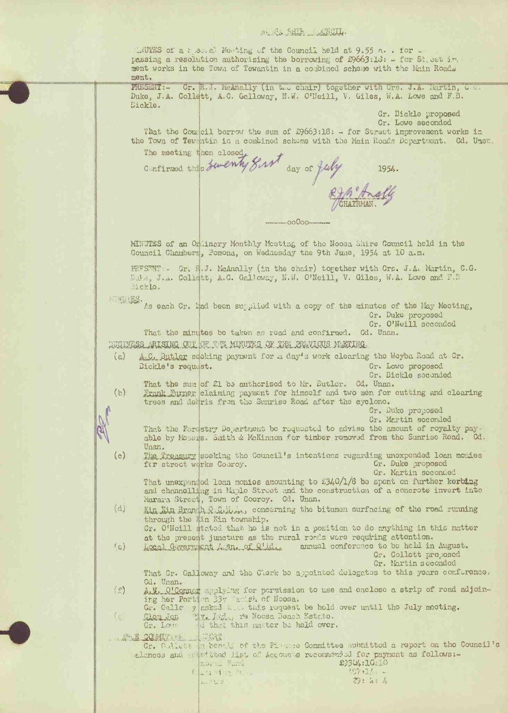 Noosa Shire Council Meeting Minutes 1954_06_09 Ordinary Meeting