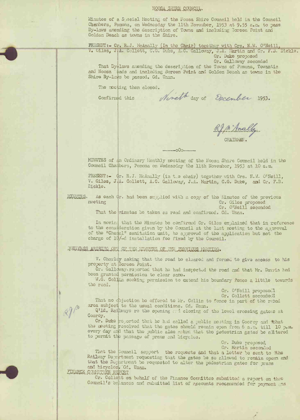 Noosa Shire Council Meeting Minutes 1953_11_11 Special Meeting
