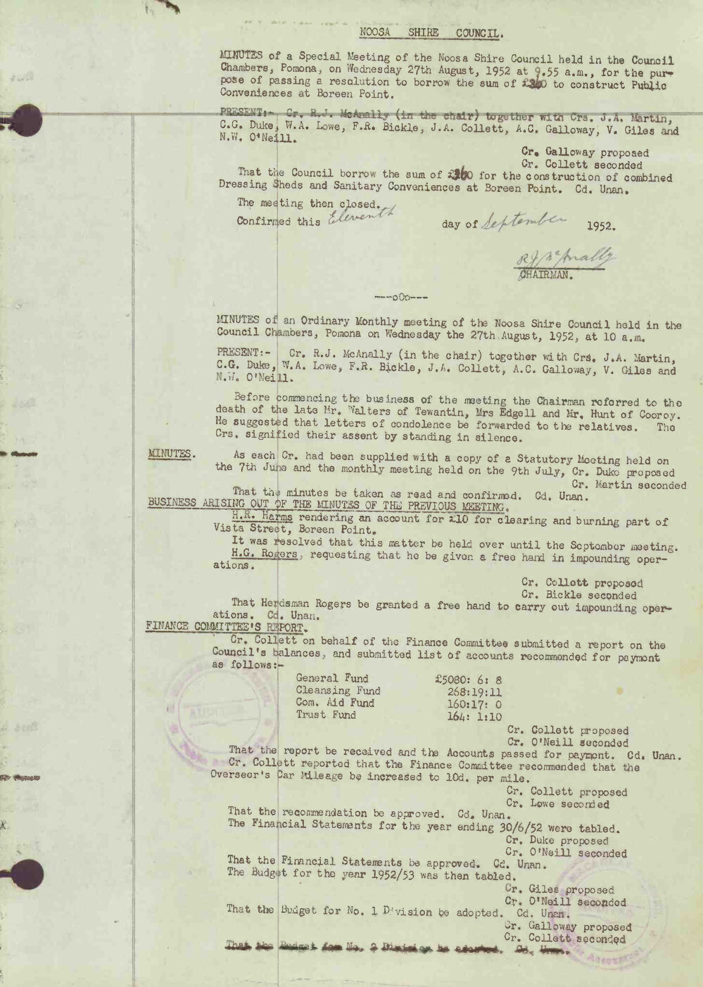 Noosa Shire Council Meeting Minutes 1952_08_27 Special Meeting