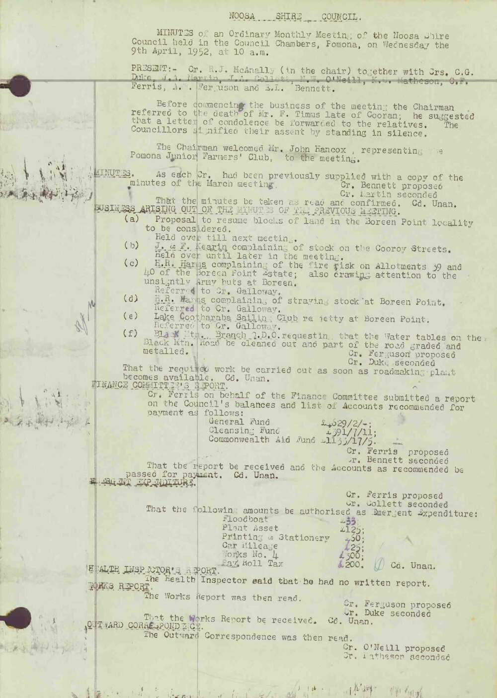 Noosa Shire Council Meeting Minutes 1952_04_09 Ordinary Meeting
