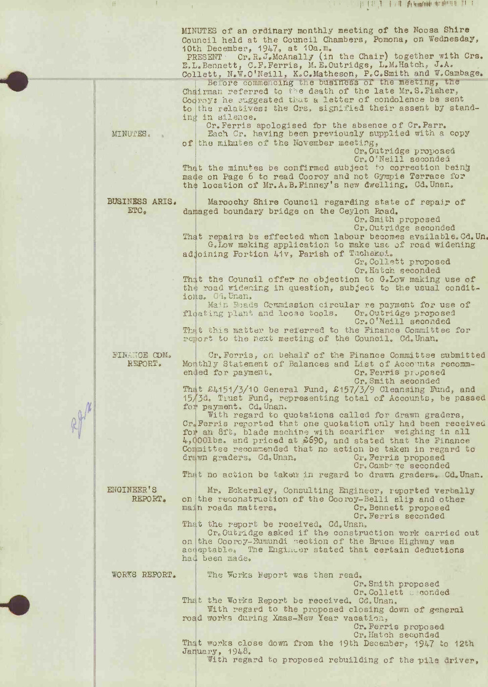 Noosa Shire Council Meeting Minutes 1947_12_10 Ordinary Meeting