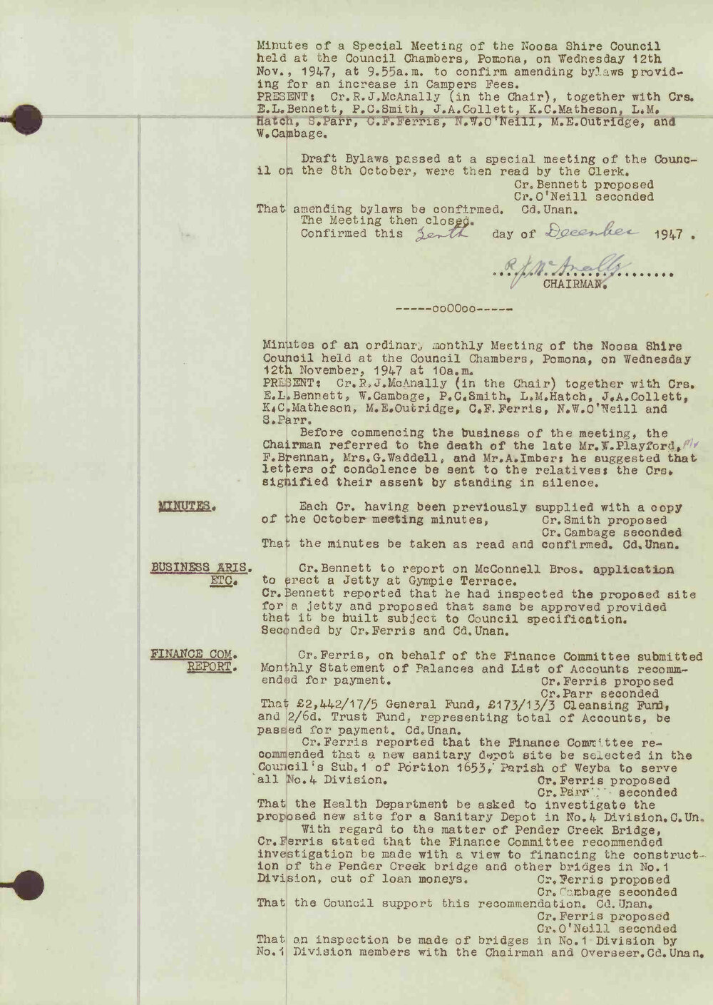 Noosa Shire Council Meeting Minutes 1947_11_12 Special Meeting