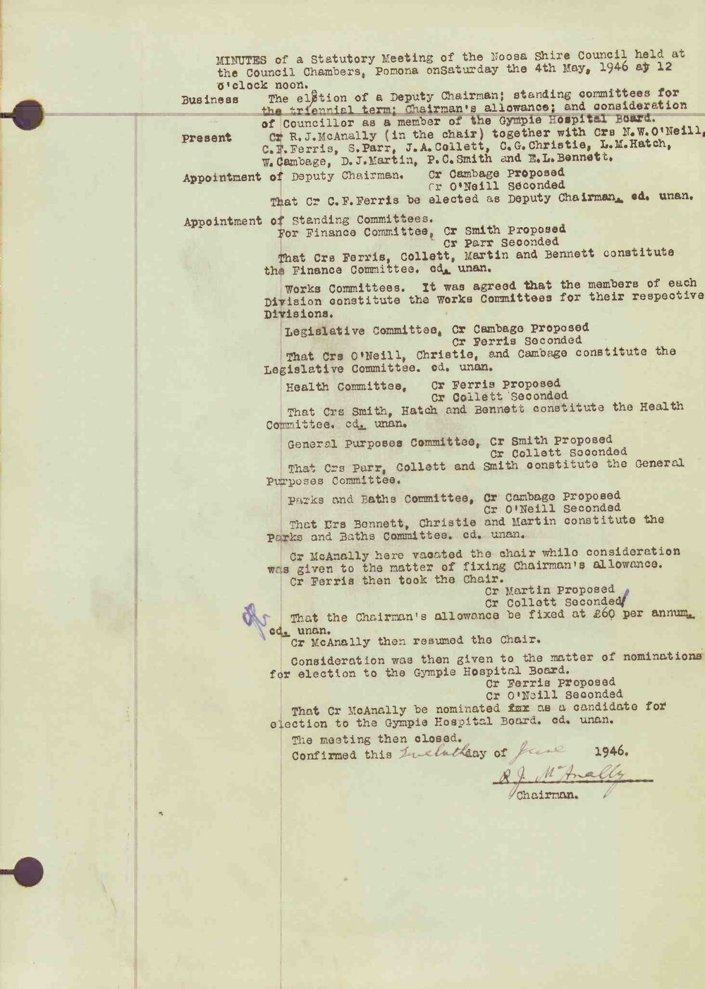 Noosa Shire Council Meeting Minutes 1946_05_04 Statutory Meeting