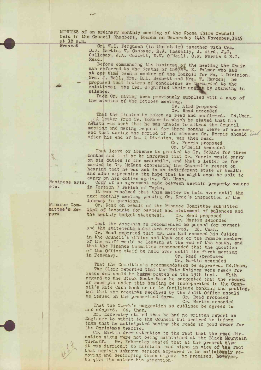 Noosa Shire Council Meeting Minutes 1945_11_11 Ordinary Meeting