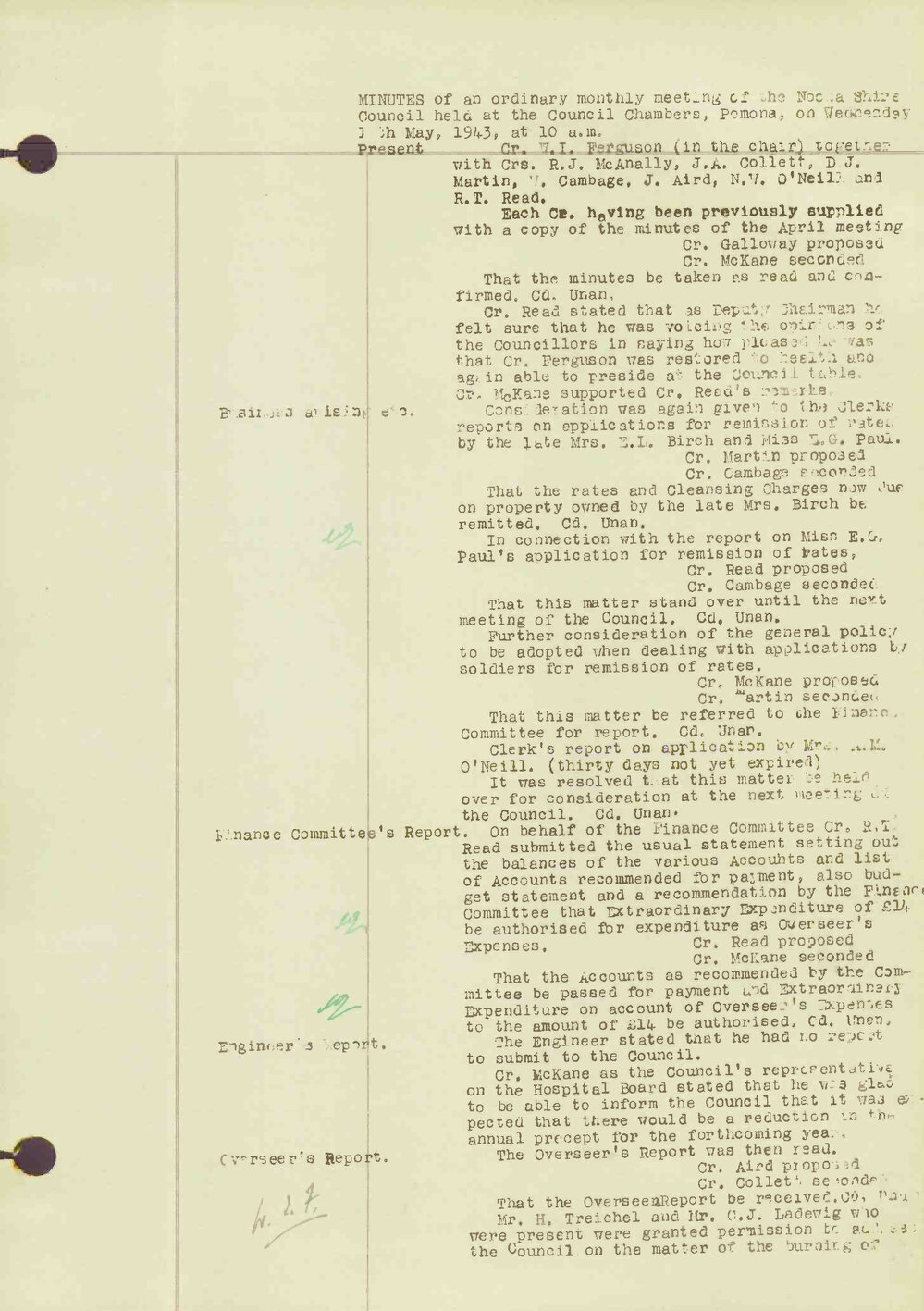 Noosa Shire Council Meeting Minutes 1943_05_12 Ordinary Meeting