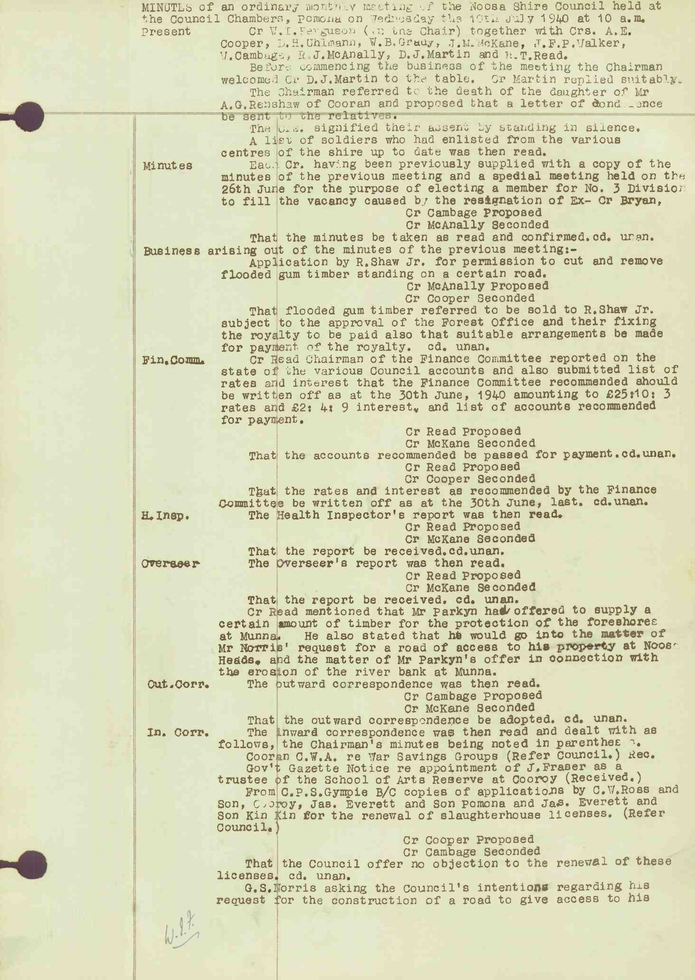 Noosa Shire Council Meeting Minutes 1940_07_19 Ordinary Meeting