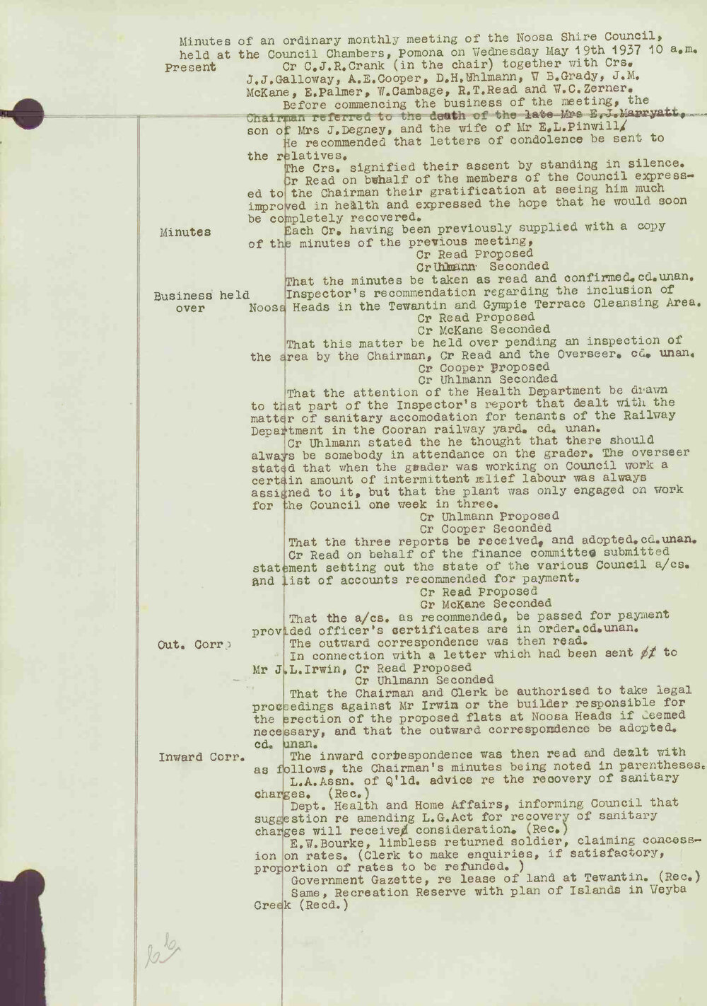 Noosa Shire Council Meeting Minutes 1937_05_19 Ordinary Meeting